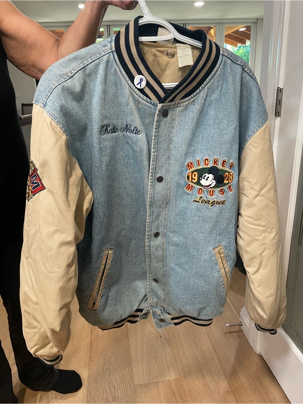 Disney Mickey Mouse Light Blue Denim and Cream Varsity Jacket